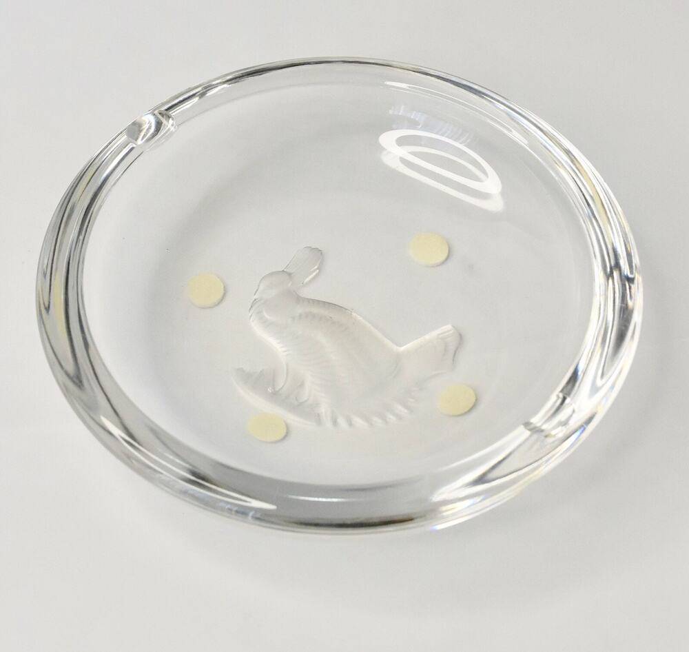Val St. Lambert Crystal Cut & Etched BIRD Art Glass Ashtray Signed